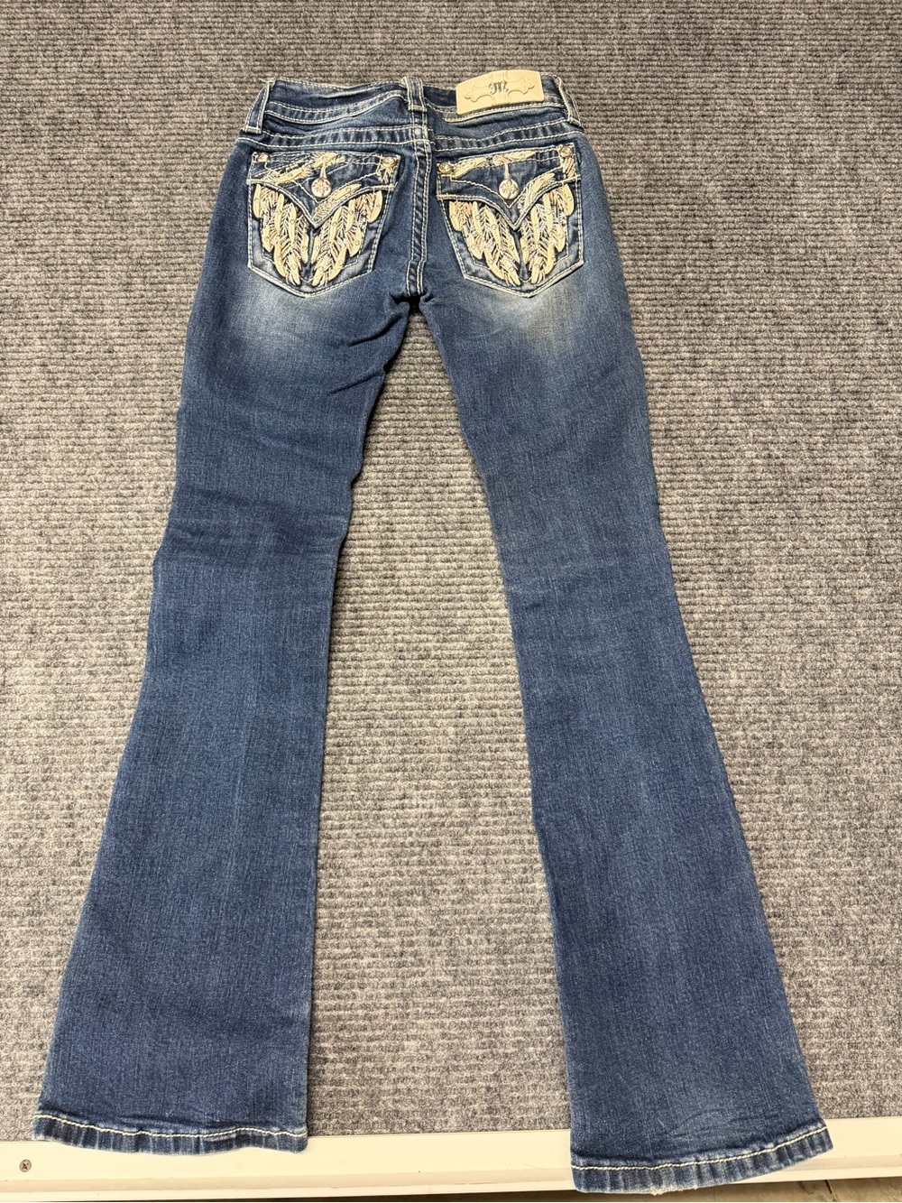 Miss Me Blue Embroidered Back-Pocket Jeans Low Rise Boot 22 Angel wing
